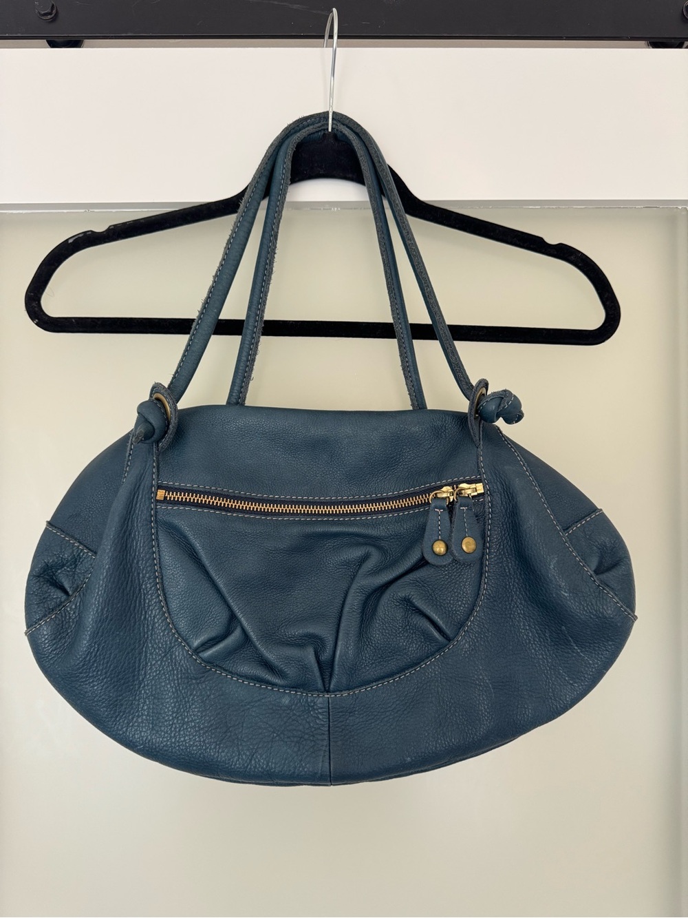 Women’s Pebbled Leather Shoulder Bag in Teal with Gold Hardware